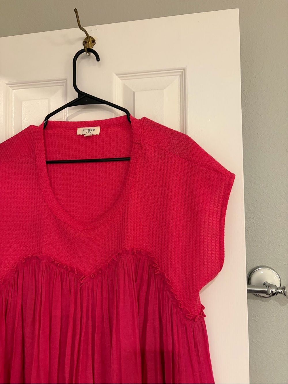 Umgee Hot Pink Babydoll Blouse Waffle Knit Gauze Top Medium - Picture 2 of 6